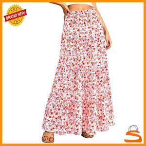 Floral Maxi Skirt Elastic Waist Tiered Flow Summer Beach Boho